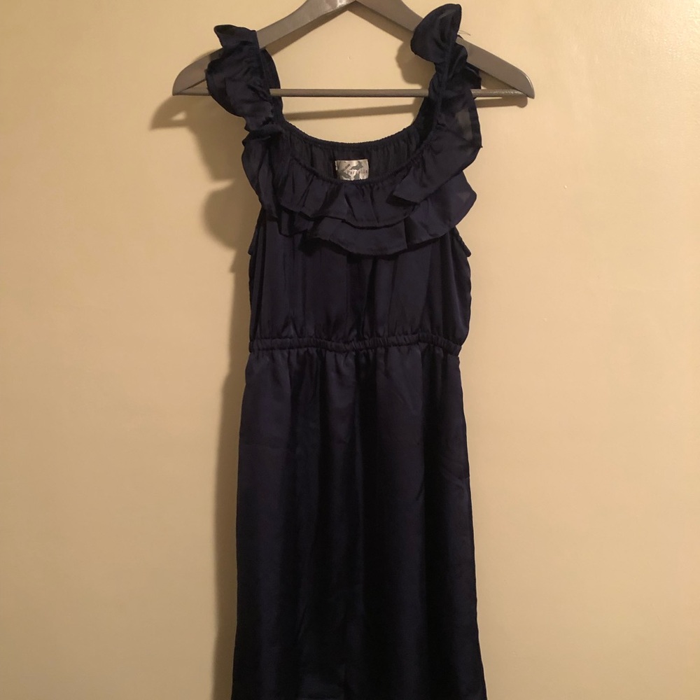 Navy Satin Dress with elastic waist and a flutter sleeve